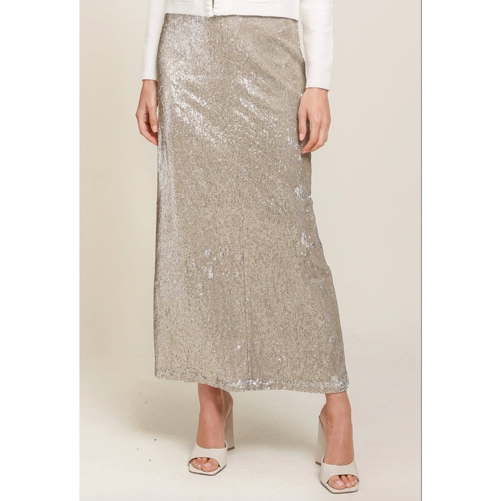 Line & Dot Roseline Champagne Gold Sequin Maxi Skirt Small